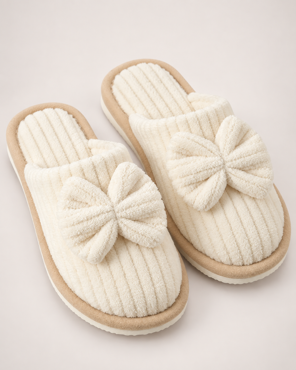 Women's Corduroy Bow Slippers in Beige, close up view