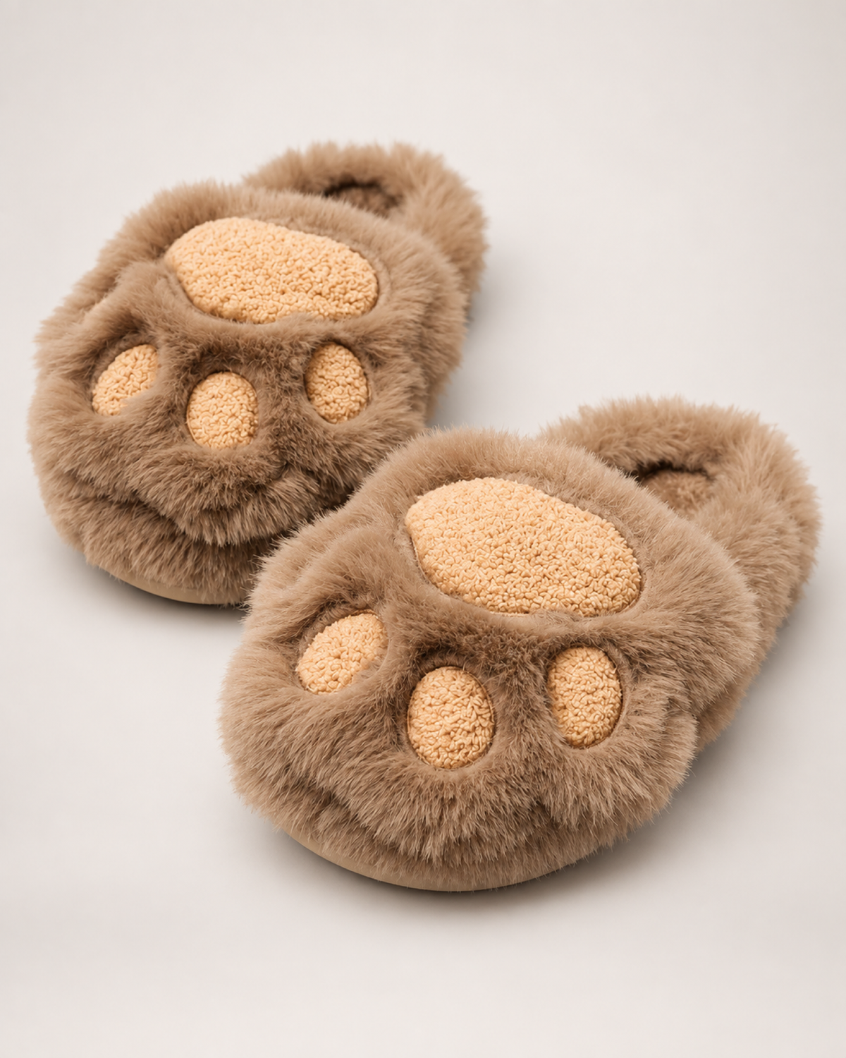 Women's Cat Paw Slippers in Khaki, close up view