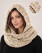 Women's Chunky Knit Hooded Scarf in Beige, product detail view