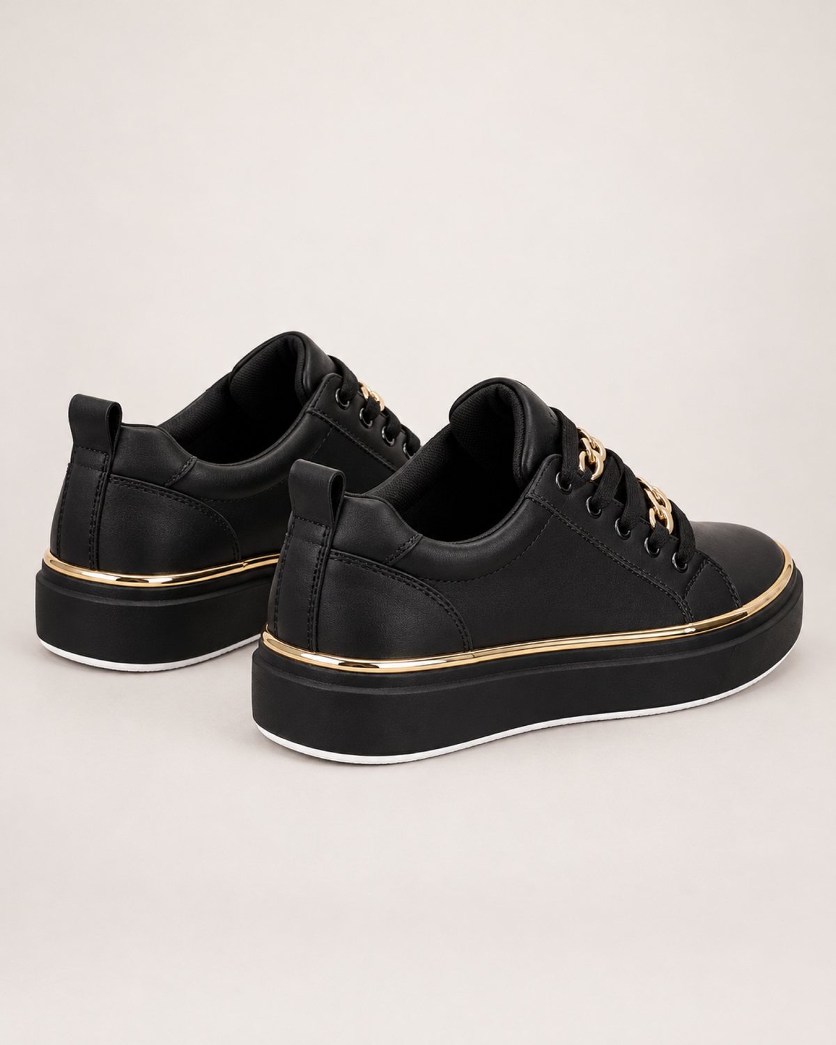 Women's Loafers: Chain Platform Style in Black, pair rear three quarter