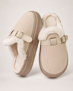 Faux Fur Buckle Mule Slippers in Beige, close up view