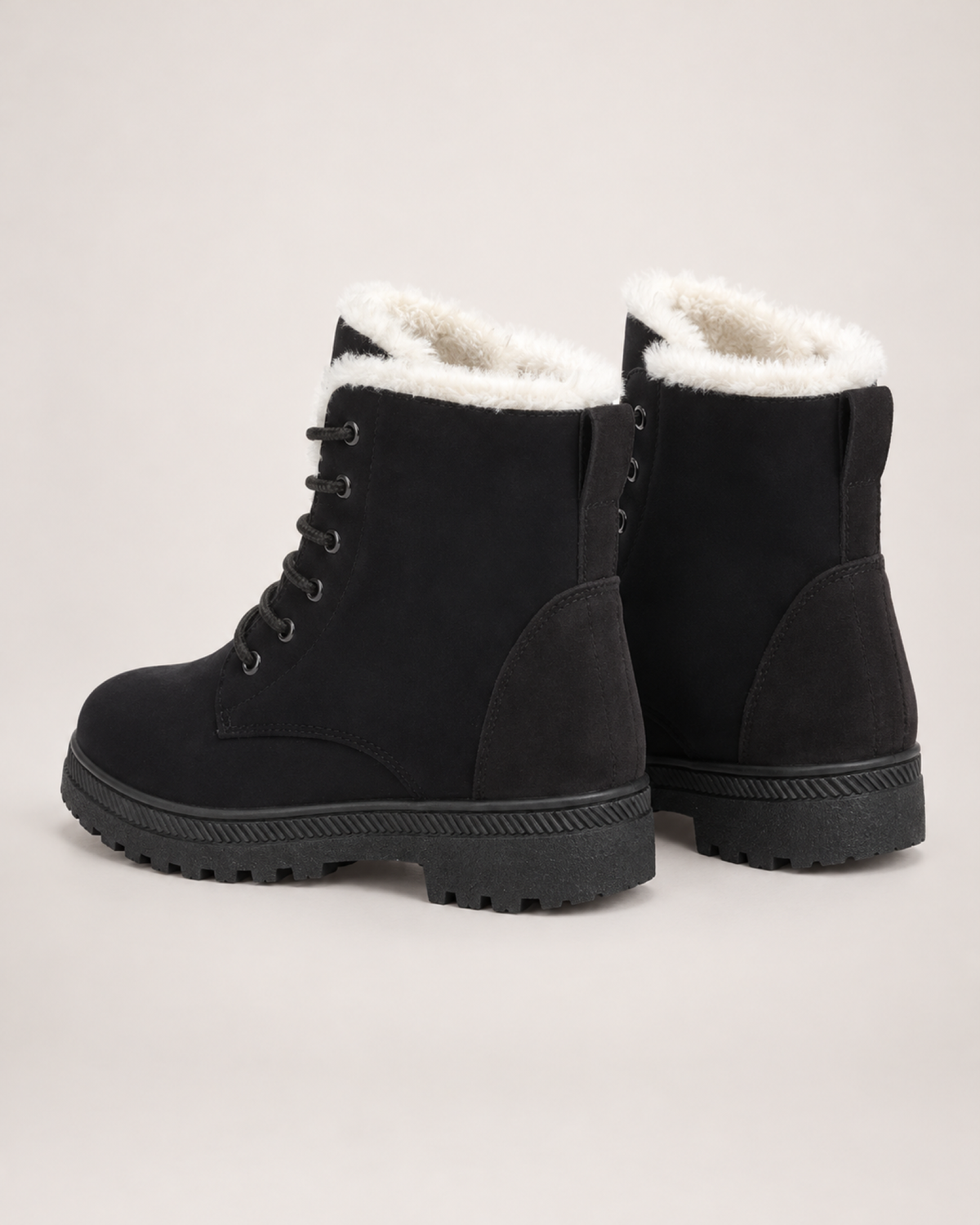 Women's Snow Boots: Plush-Lined Lace-Up Style in Black, pair rear three quarter