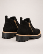 Women's Ankle Boots: Suede-Effect Side-Zip Style in Black, pair rear three quarter