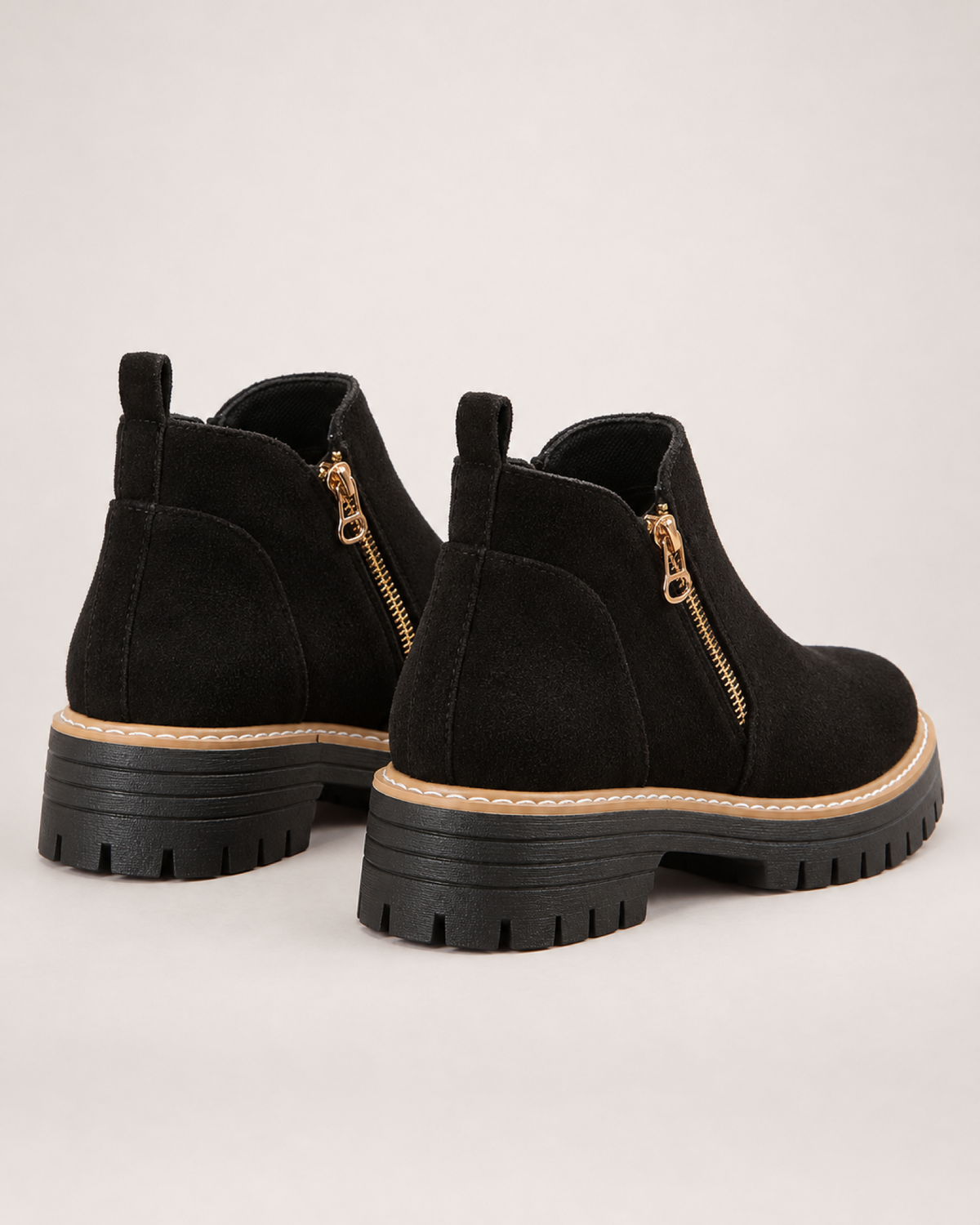 Women's Ankle Boots: Suede-Effect Side-Zip Style in Black, pair rear three quarter