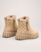 Women's Snow Boots: Quilted Platform Style in Khaki, pair rear three quarter