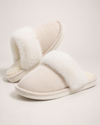 Fluffy House Slippers in Beige, close up view