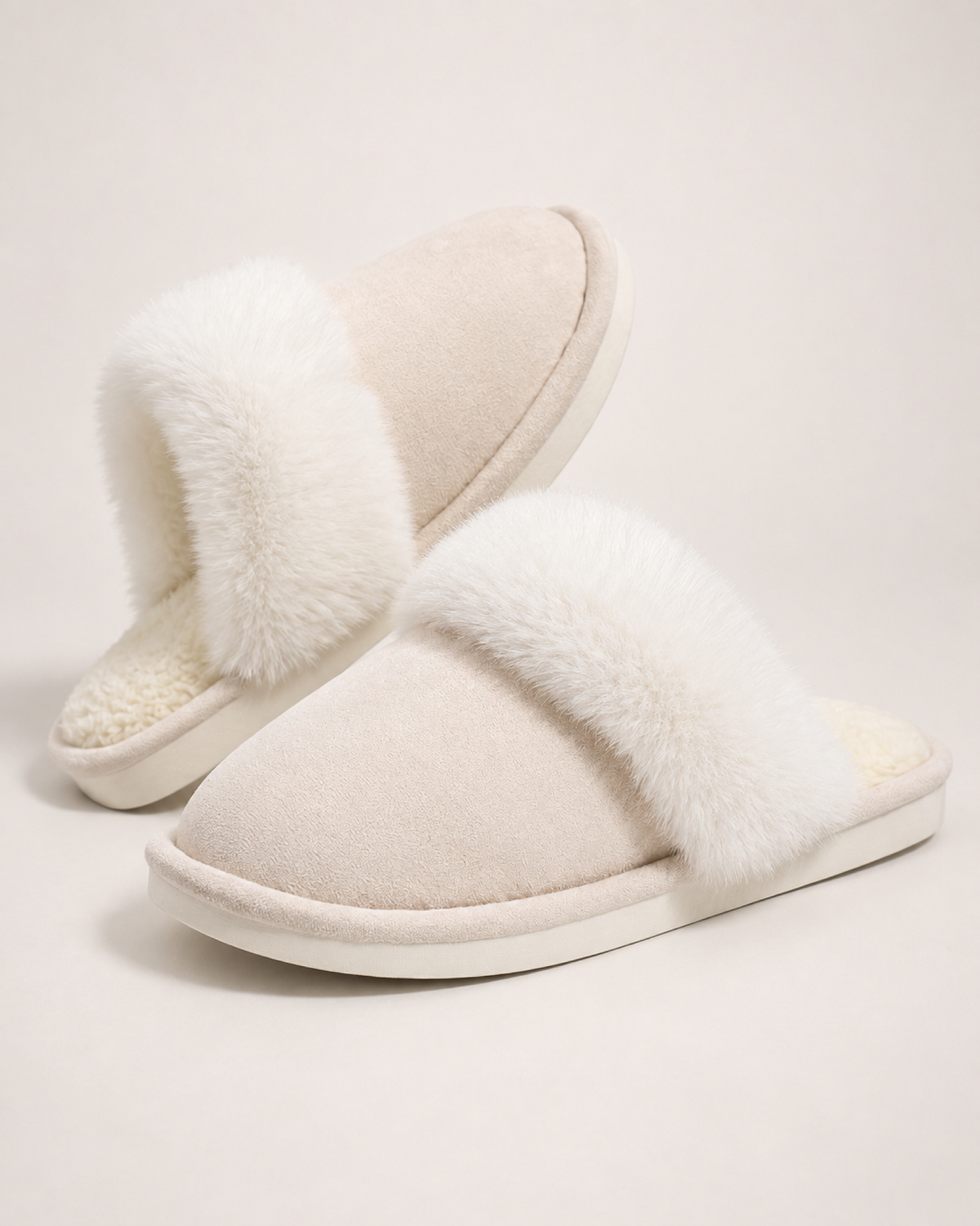 Fluffy House Slippers in Beige, close up view