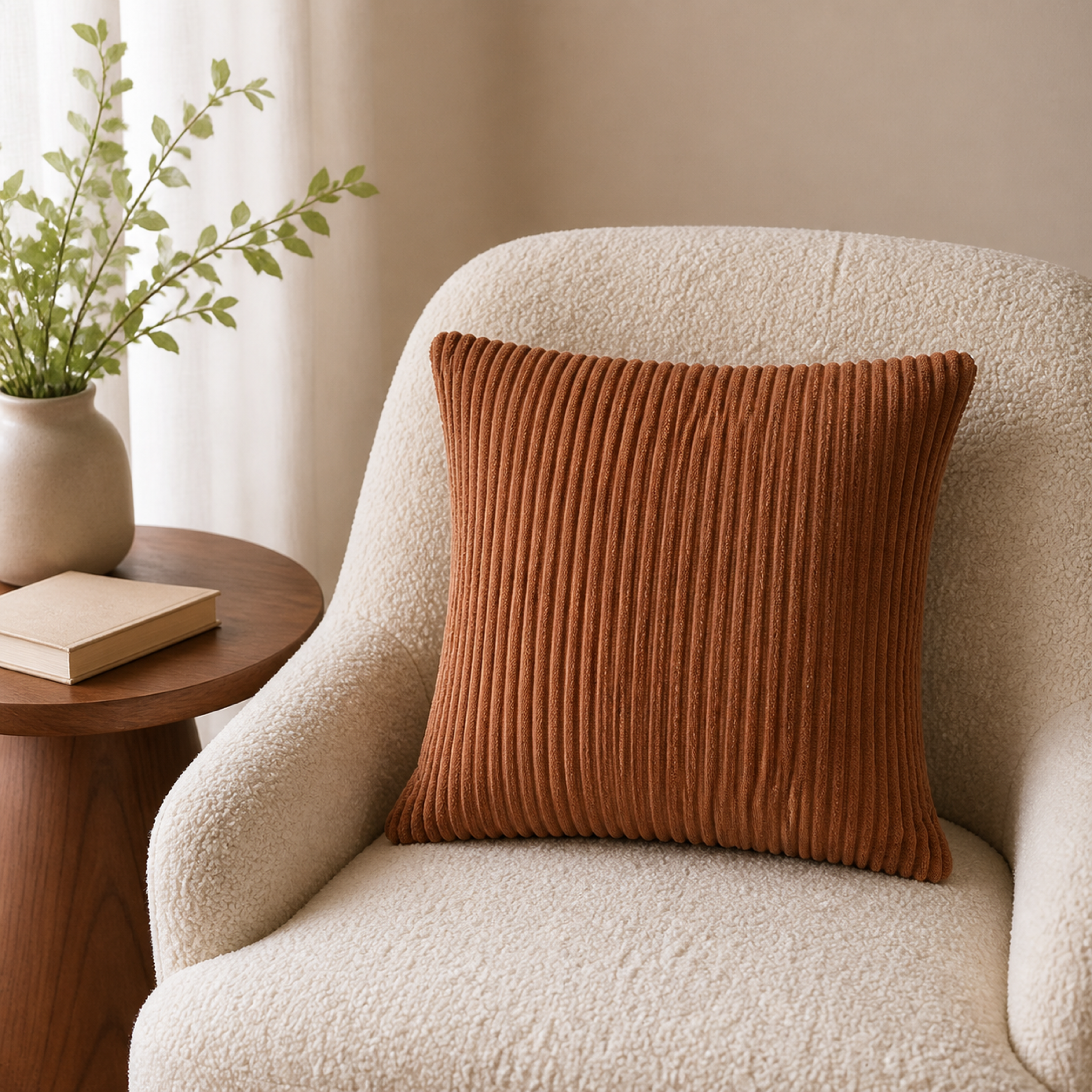 Coffee ribbed cushion cover in a reading corner