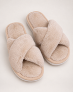 Women's Cross Strap Slippers in Khaki, close up view