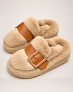 Women's Buckle Platform Slippers in Khaki, close up view