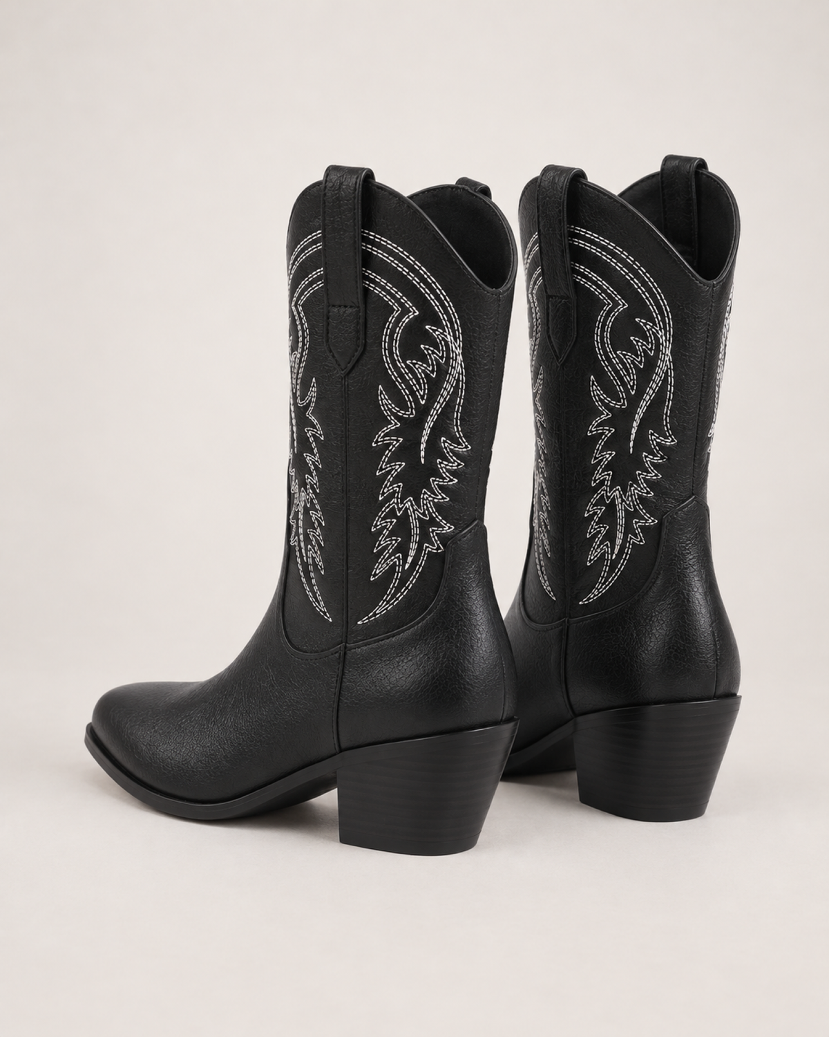 Women's Western Boots: Embroidered Mid-Calf Style in Black, pair rear three quarter