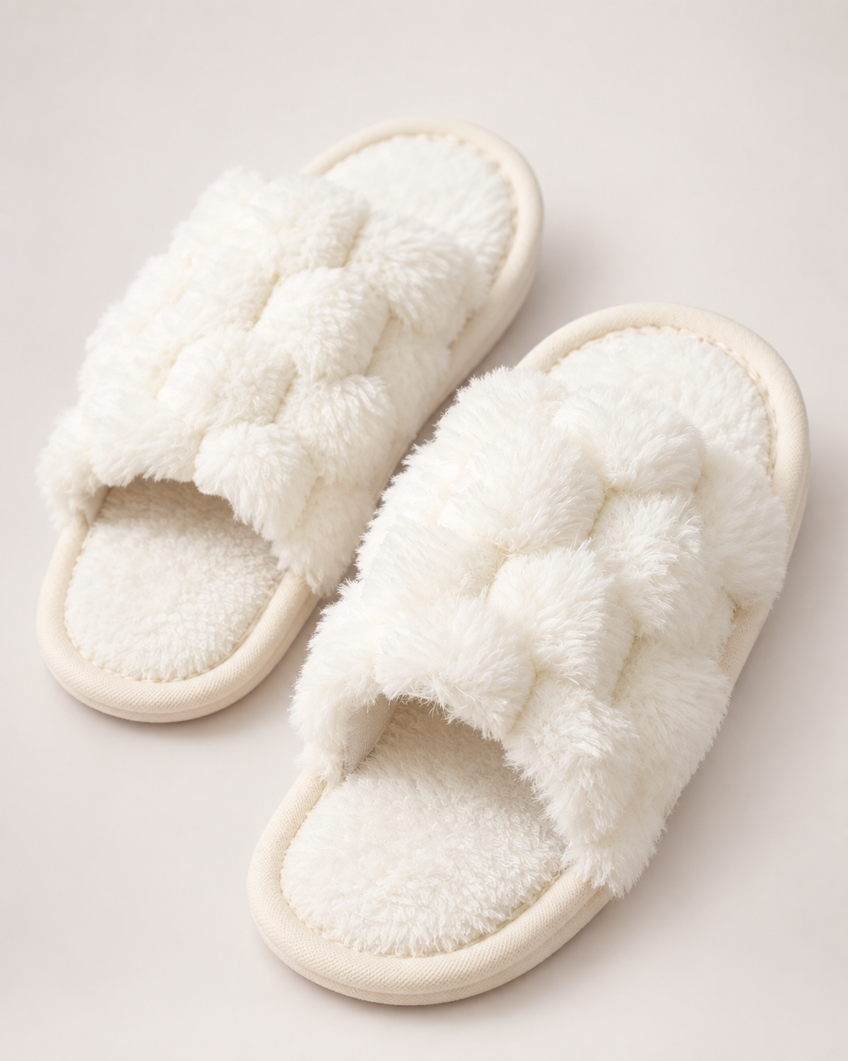 Fluffy Open Toe Slippers in White, close up view
