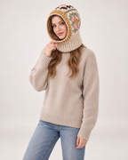 Women's beige floral crochet hooded scarf, natural styling studio view