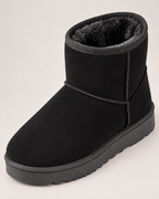 Women's Snow Boots - Faux-Fur Lined Ankle Style, close detail of rounded toe, plush lining, stitched panels and flat sole