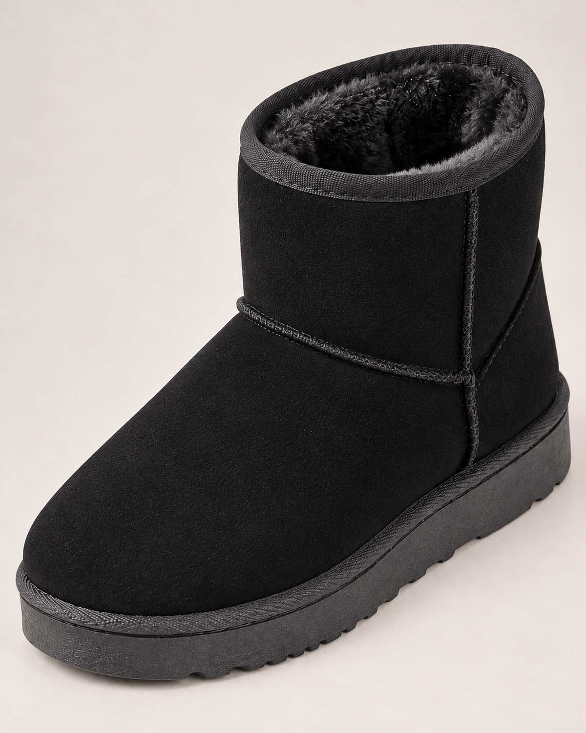 Women's Snow Boots - Faux-Fur Lined Ankle Style, close detail of rounded toe, plush lining, stitched panels and flat sole