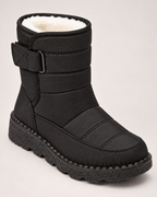 Women's Snow Boots - Plush-Lined Buckle Style, close detail of twin buckle straps, plush lining, stitched toe panel and treaded sole
