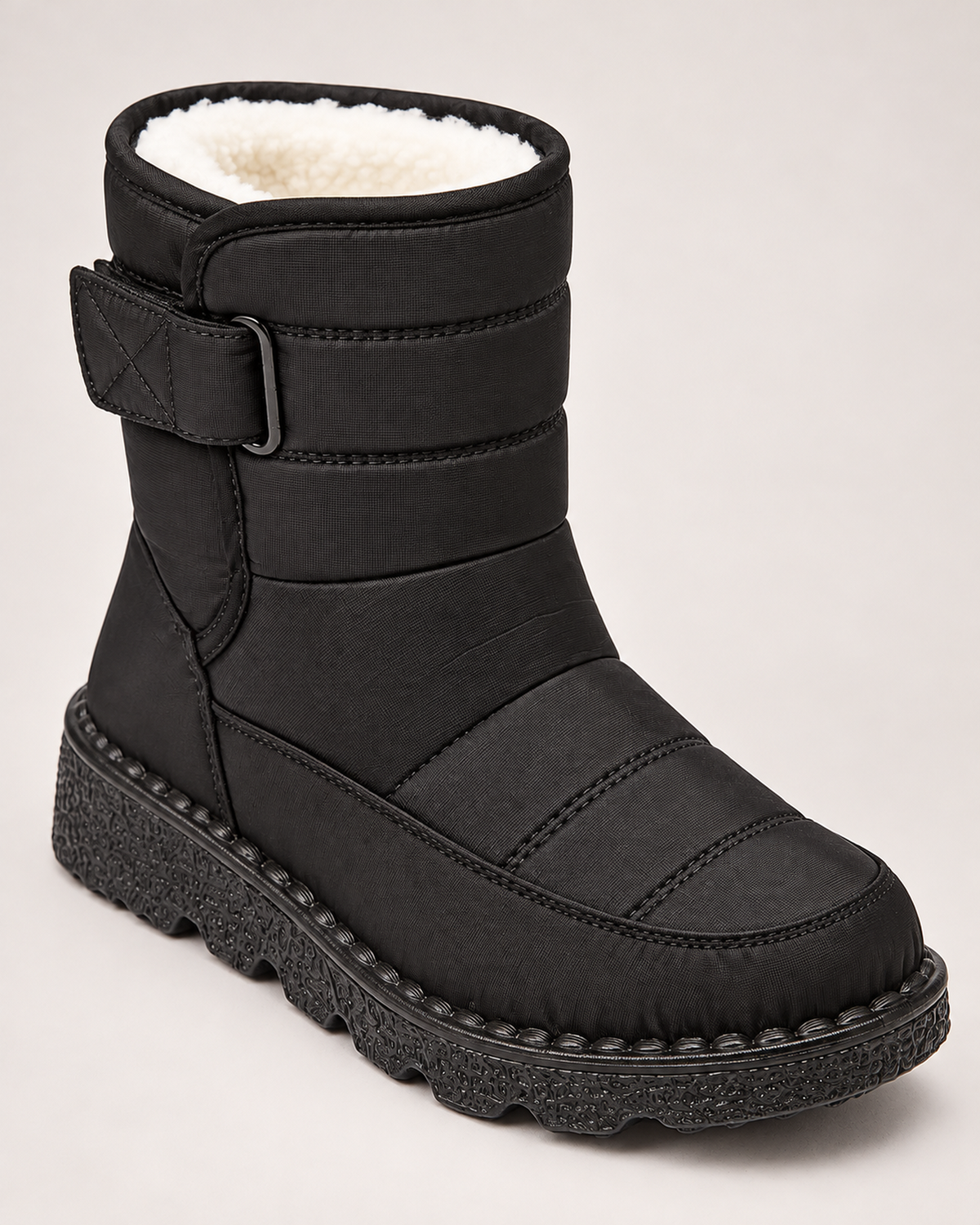 Women's Snow Boots - Plush-Lined Buckle Style, close detail of twin buckle straps, plush lining, stitched toe panel and treaded sole