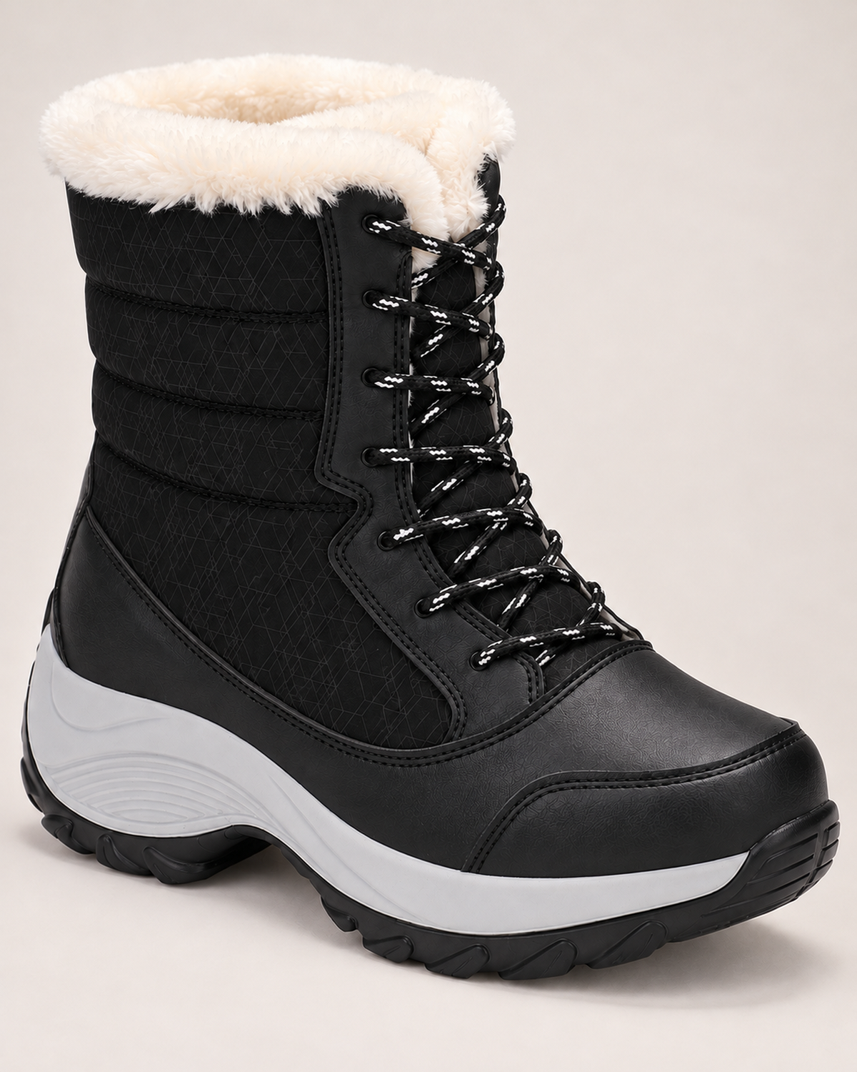 Women's Snow Boots - Faux-Fur Lace-Up Style, close detail of faux-fur collar, lacing, padded panels and sculpted tread