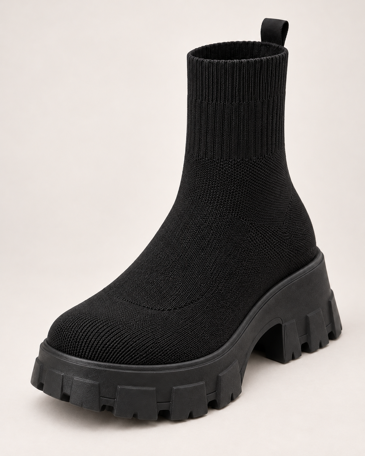 Women's Sock Boots - Chunky Platform Style, close detail of knitted shaft texture, rear tab, rounded toe and deep lug sole