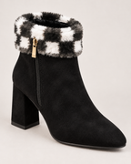 Women's Ankle Boots - Plaid-Trim Block Heel Style, close detail of plaid cuff, side zip, pointed toe and block heel