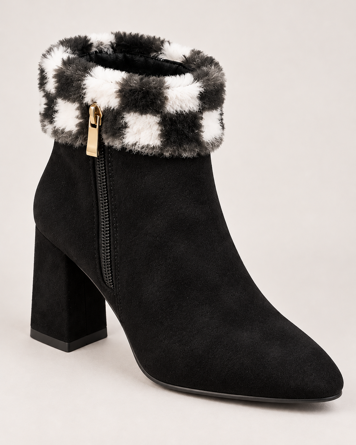 Women's Ankle Boots - Plaid-Trim Block Heel Style, close detail of plaid cuff, side zip, pointed toe and block heel
