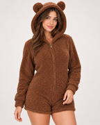 Women's Fleece Onesie - Short Bear-Ear Style, Brown fleece and hood detail
