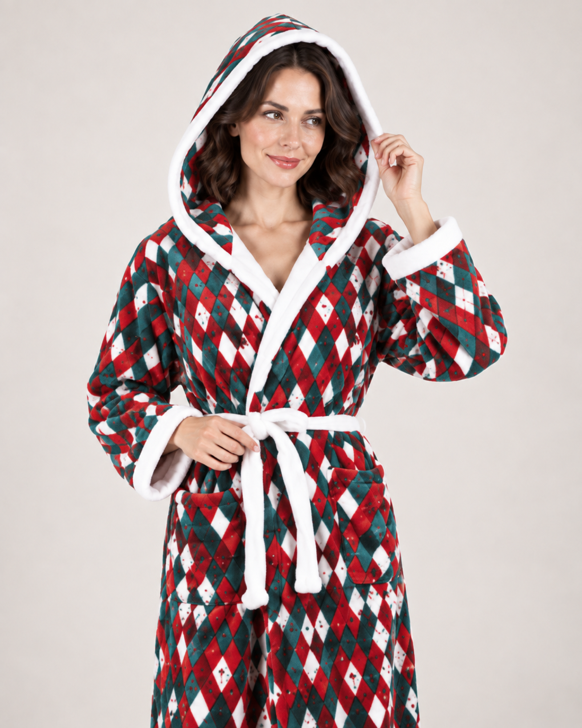 Women's Christmas Check Hooded Dressing Gown in Christmas Check, hood and finish detail