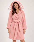 Women's Bunny Ear Fleece Dressing Gown in Pink, close-up detail