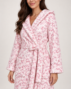 Women's Floral Hooded Dressing Gown in Pink, close-up detail