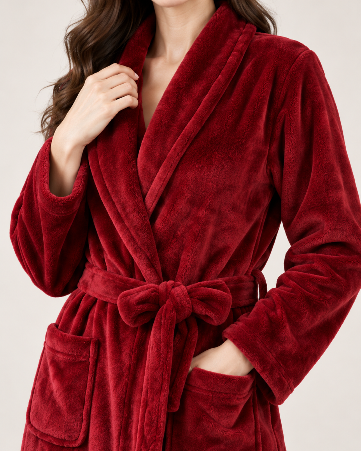 Women's Long Fleece Dressing Gown – Belted Robe, close detail of the fleece texture, shawl collar, belt and patch pocket