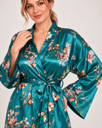 Ladies' Floral Dressing Gown – Long Wrap Style in Teal Floral, hood and finish detail