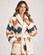 Women's Patterned Long Dressing Gown in Wave Stripe, collar and finish detail