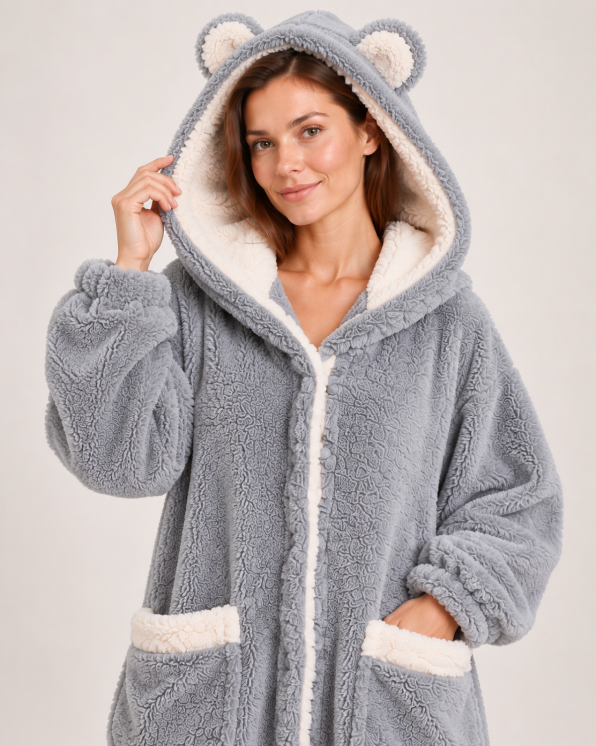 Ladies' Hooded Dressing Gown – Rounded Ear Detail in Grey, hood and finish detail