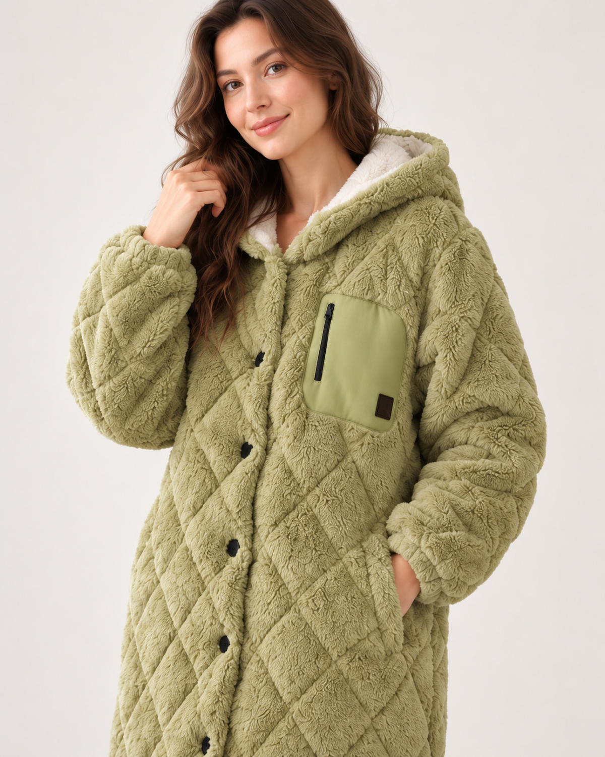 Women's Quilted Fleece Dressing Gown – Hooded Long Style, feature image showing the diamond quilting, hood lining, buttons, chest zip pocket and side-pocket edge
