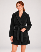 Women's Short Plush Dressing Gown in Black, hood and finish detail