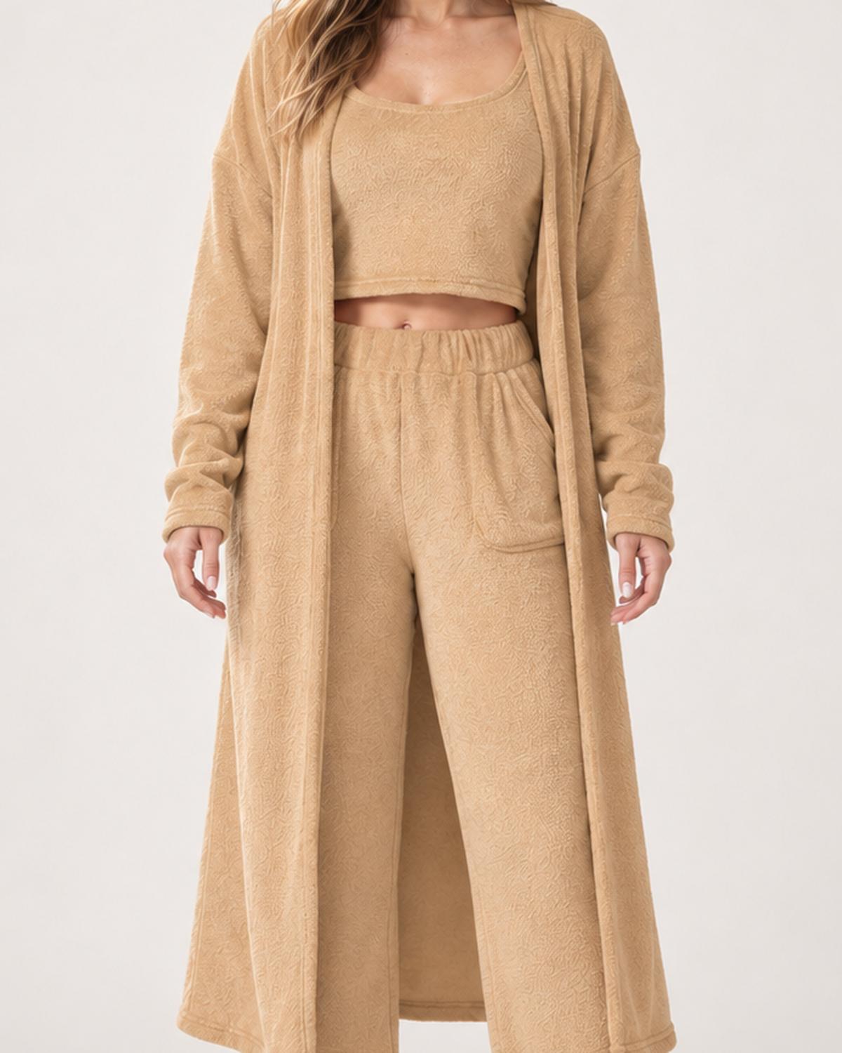 Women's Three Piece Loungewear Set in Camel, product detail