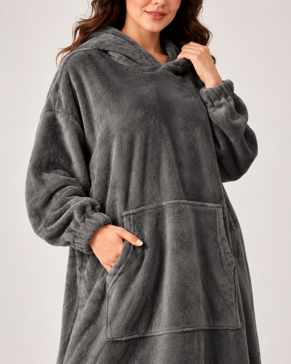 Ladies' Hooded Dressing Gown – Long Pullover Style in Dark Grey, hood and finish detail
