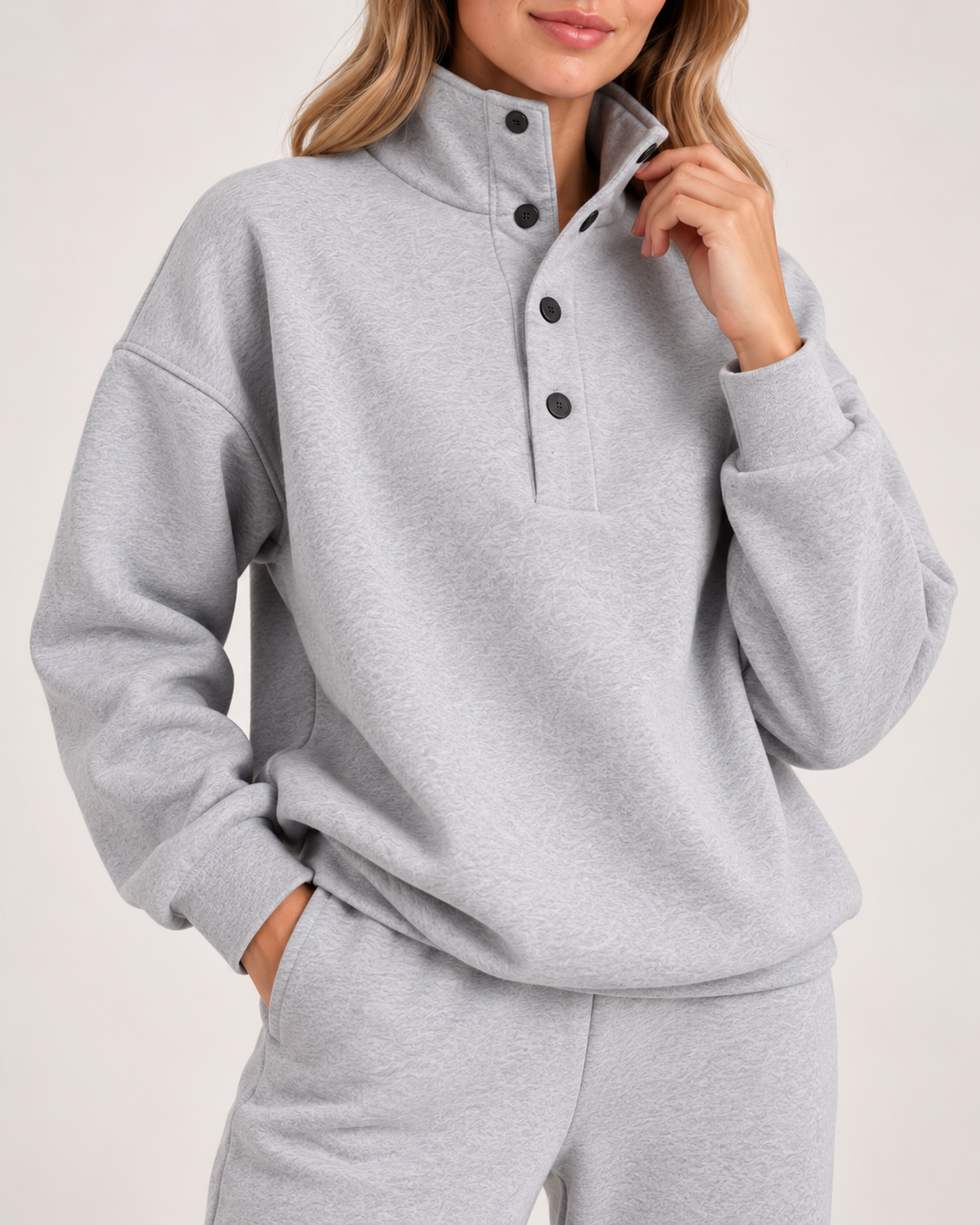 Women's Oversized Button-Neck Loungewear Set in Grey, product detail
