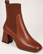 Women's Sock Boots – Square Toe Block Heel in Brown, construction detail