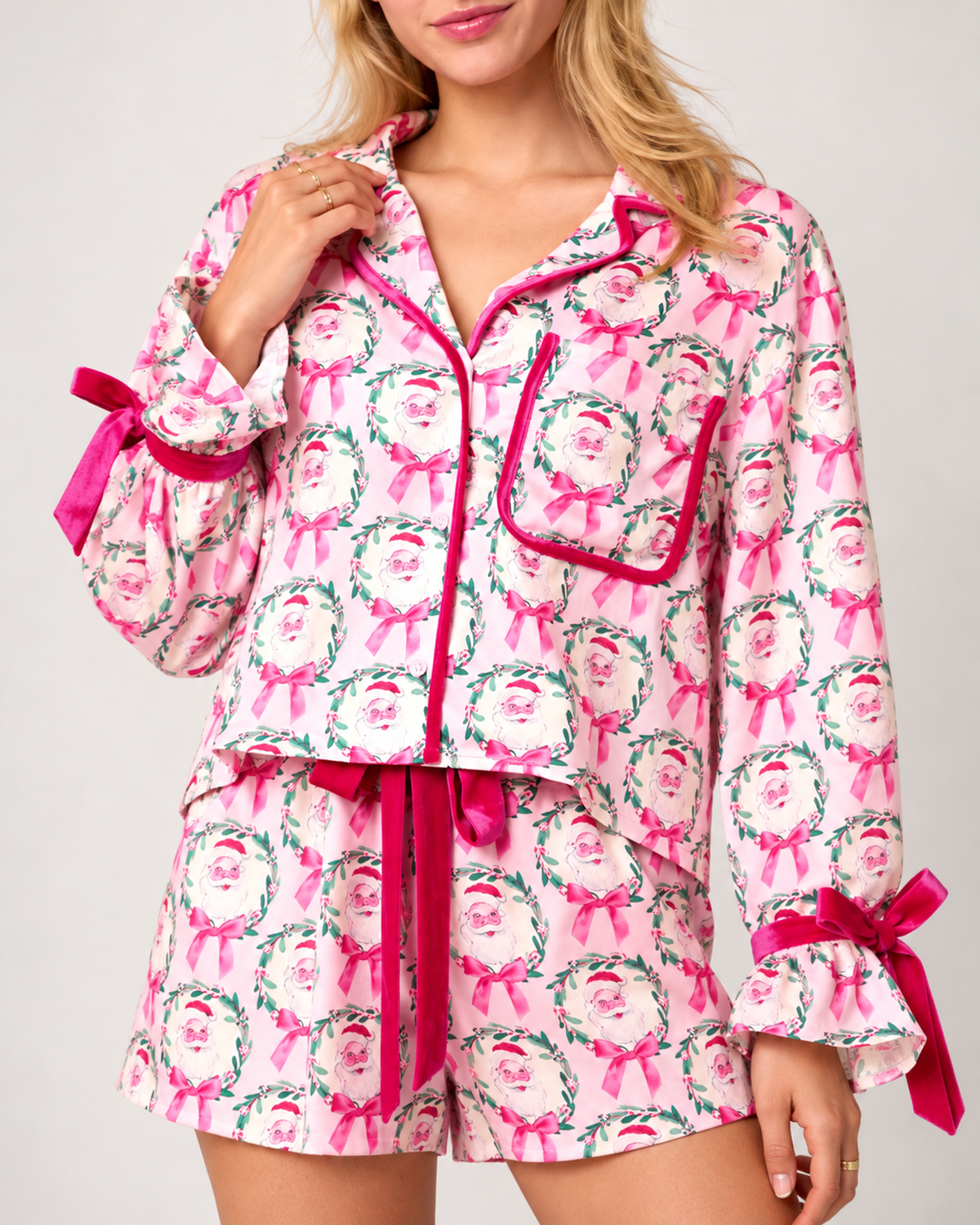 Women's Christmas Short Pyjama Set in Pink Santa, product detail