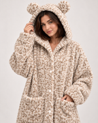 Ladies' Hooded Dressing Gown – Leopard Print in 300g Plush, hood and finish detail