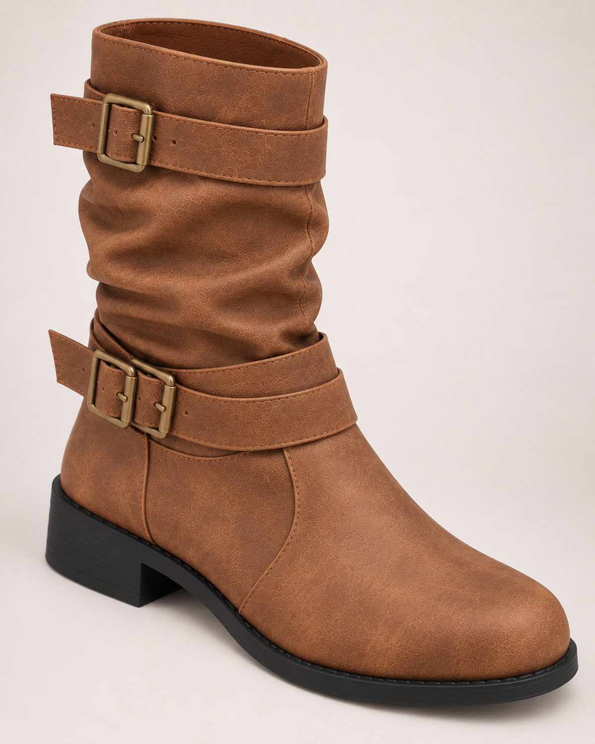 Women's Biker Boots – Double Buckle Detail in Brown, construction detail