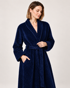 Women's Textured Long Dressing Gown in Navy Blue, hood and finish detail