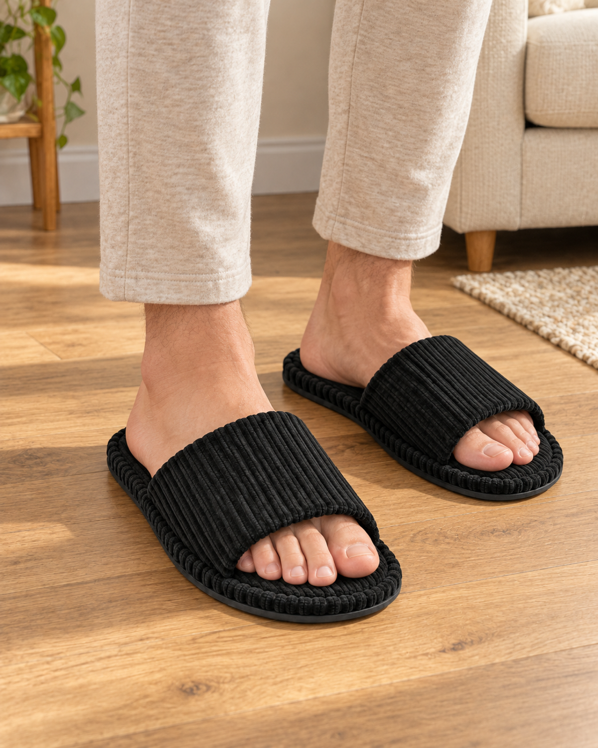 Men's black corduroy open-toe slippers, relaxed indoor lifestyle view