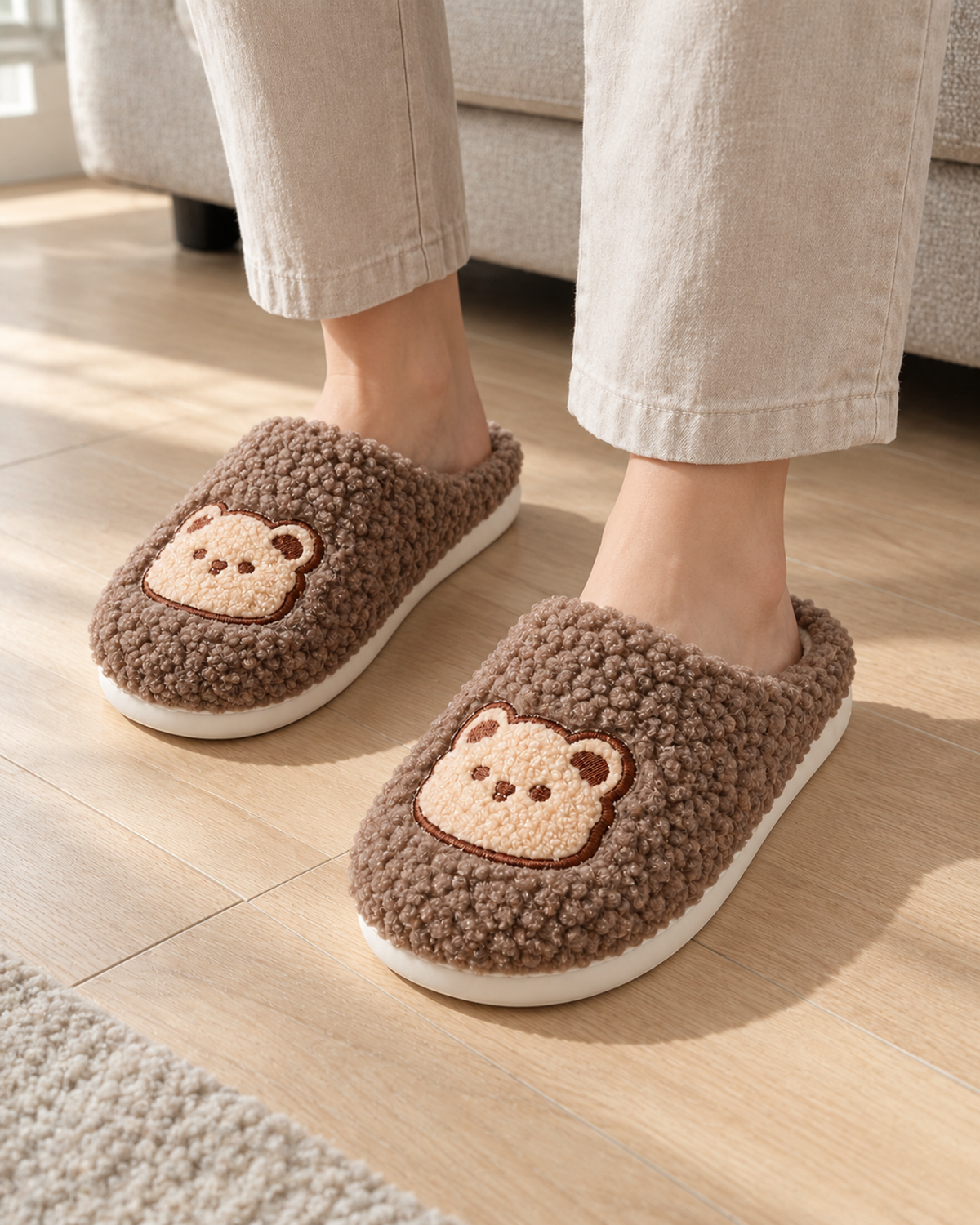 Fluffy Bear Slippers - Embroidered Face Style, only worn lifestyle image