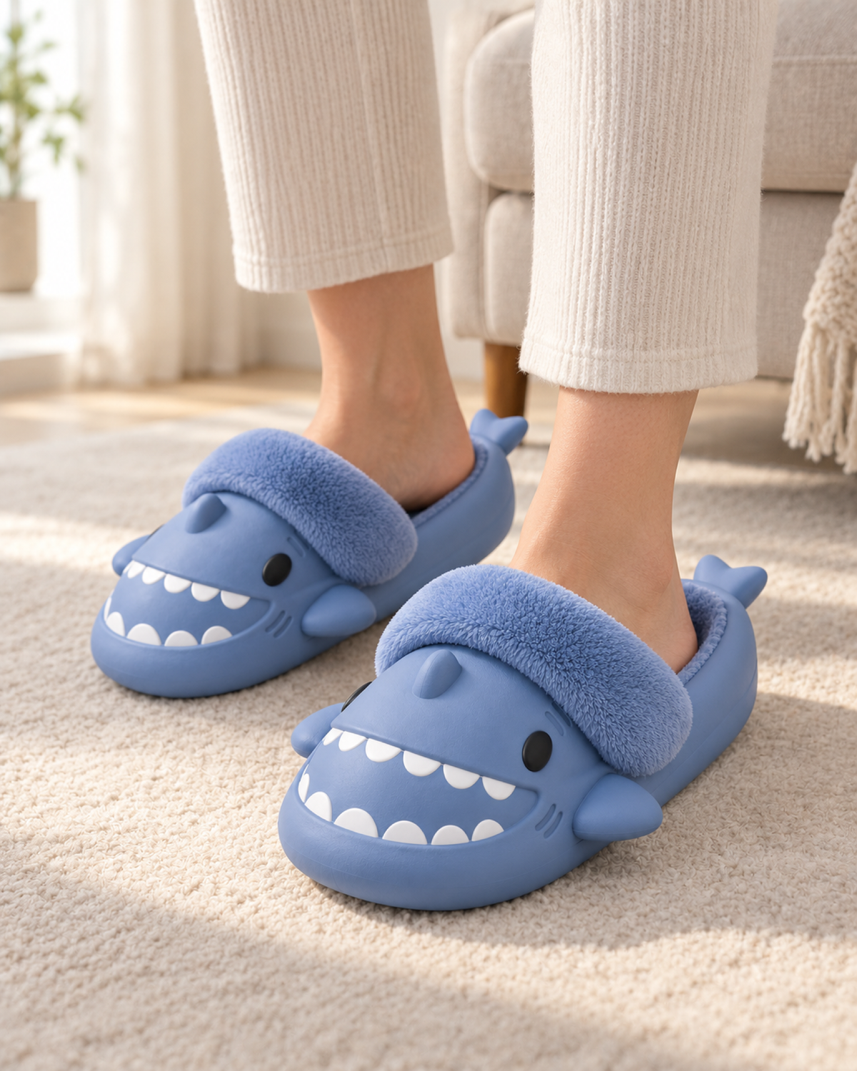 Women's Shark Slippers in Blue, relaxed indoor lifestyle