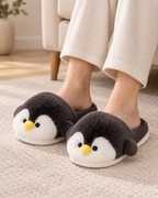 Women's Penguin Slippers in Black, relaxed indoor lifestyle