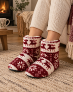 Women's Christmas Slipper Boots – Reindeer Print, only worn lifestyle image, showing the exact pair naturally indoors