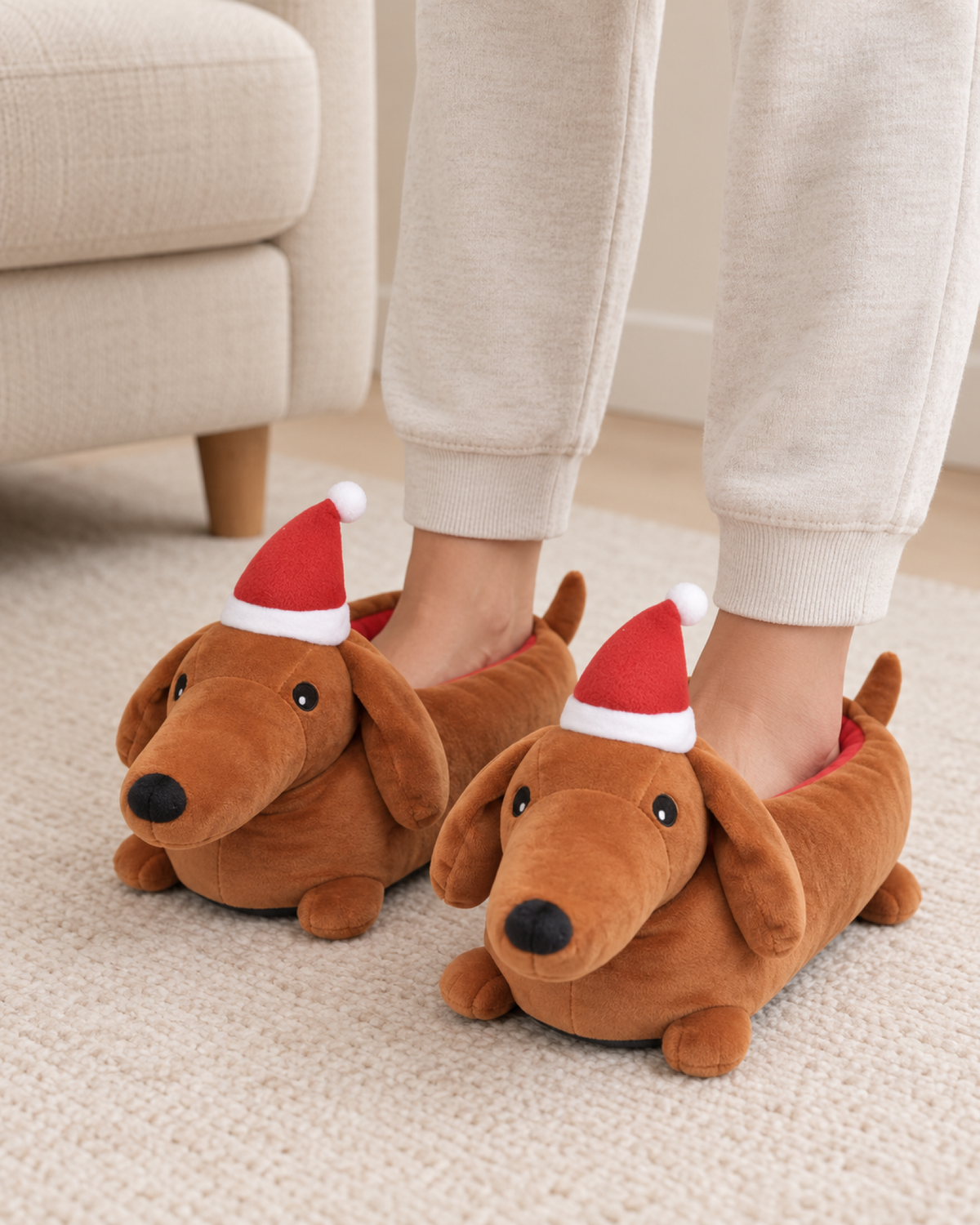 Women's Christmas Dachshund Slippers in Brown, relaxed indoor lifestyle