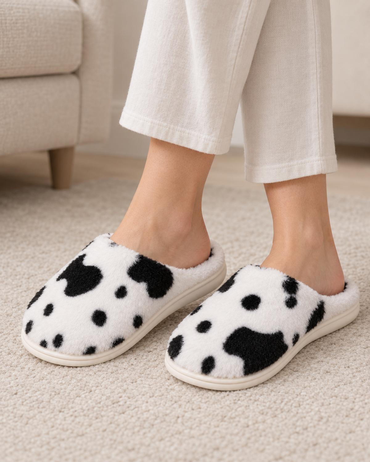 Women's Spotted Cow Slippers in Black, relaxed indoor lifestyle
